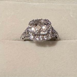 Lab White Sapphire Cushion Cut Halo Ring Sterling Silver Size 7